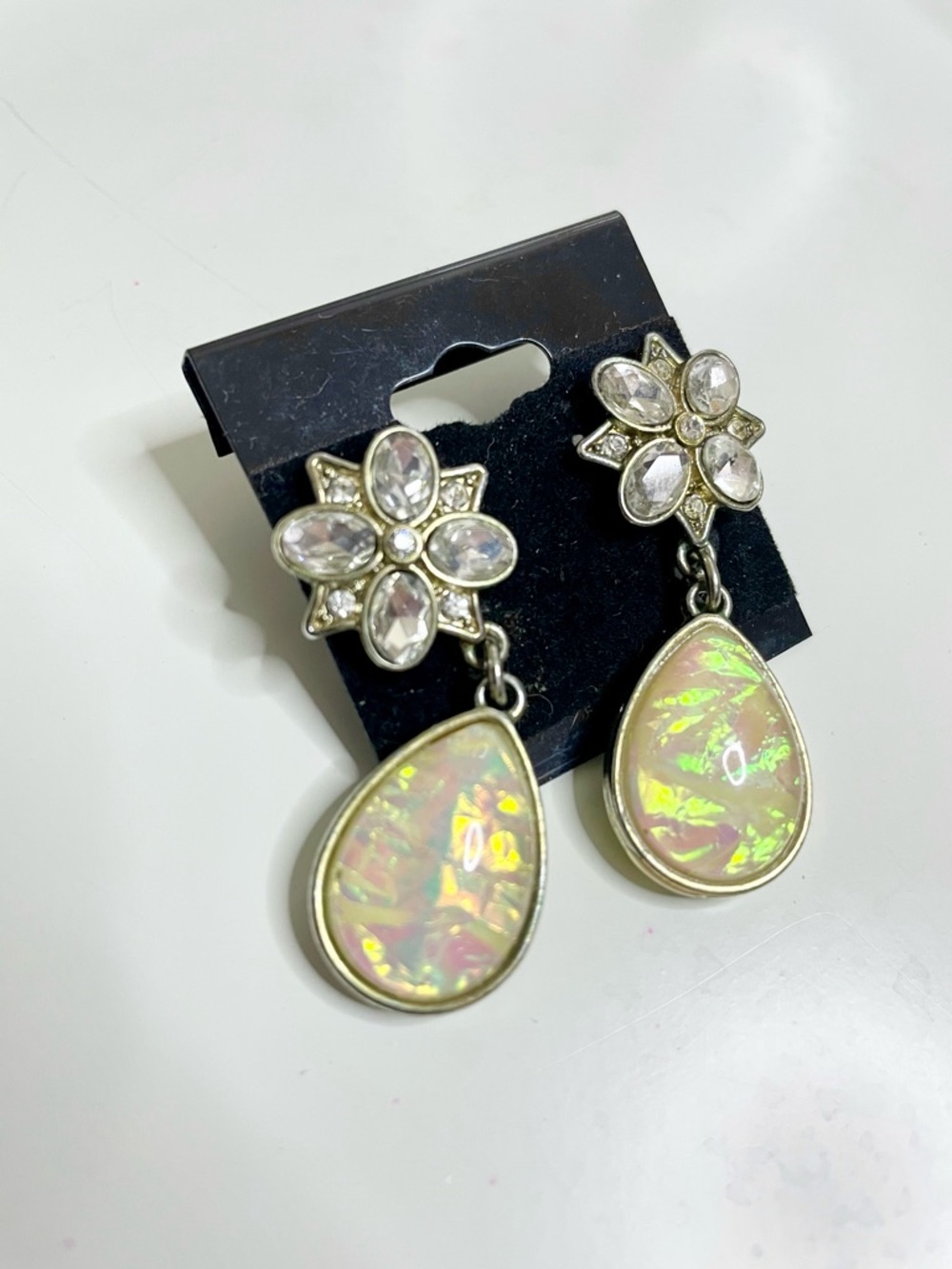 Gold-Tone Iridescent Teardrop Dangle Earrings - Flower Cluster Design